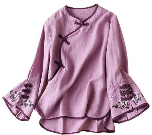 Hauts en coton et lin pour femme, coupe ample, broderie traditionnelle chinoise, cloche, manches longues, style ethnique, chemisier pour femme, violet, 4XL