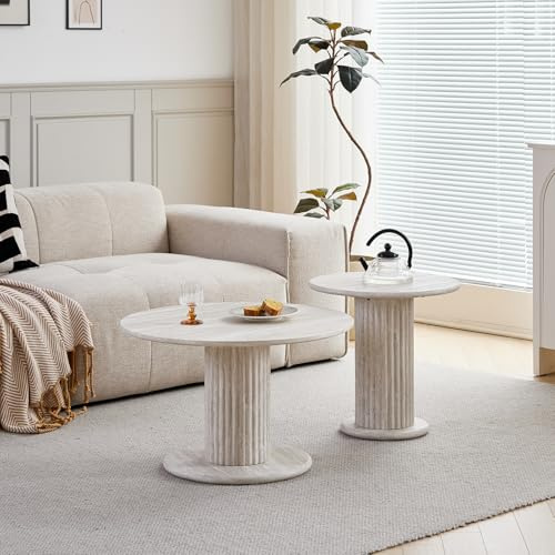 VectraCore Runder Couchtisch, 2er-Set Nordisches Satztisch Set mit R undem Beistelltisch, Geeignet für Wohnzimmer, Schlafzimmer, Büro und Café, Grauem Travertinverkleidung