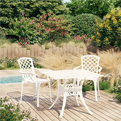 YunCangg 3-TLG. Bistro-set i gjuten aluminium, vit, trädgårdsmöbelset med 2 stolar och bord, 90 x 90 cm, väderbeständig, för terrass, balkong, utomhus, lounge, matgrupp med paraplyhål och robust