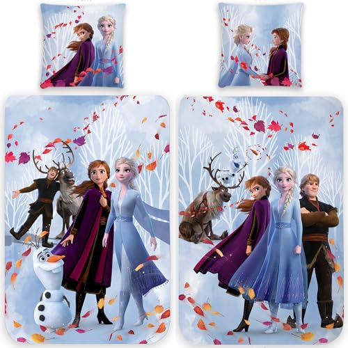 Frozen Kinder Wende-Bettwäsche Die Eiskönigin Fairytale 135x200 + 80x80 cm 100% Baumwolle Linon Anna ELSA Sven Snowman Olaf Schneemann Arendelle Disney Movie Film Bettzeug Bettbezug deutsche Größe