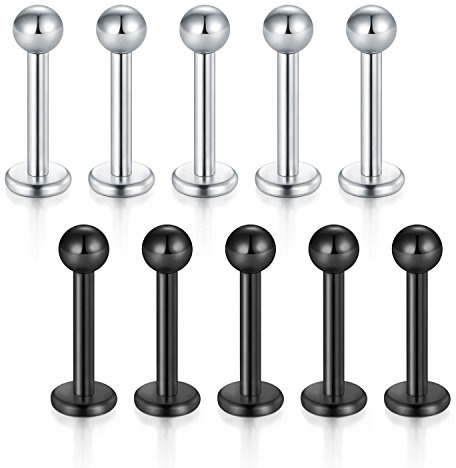 Briana Williams 10 Pezzi in Acciaio Inox Labret Labret Stud Tragus Helix Cartilage Stud Bar Piercing Gioielli in Argento e Nero