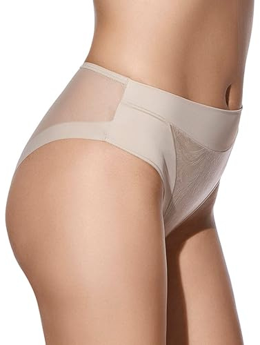 Selene, Braga de Mujer Cintura Alta Ligeramente Contenedora, Braguita Efecto Moldeador con Transparencias, Colección Violeta