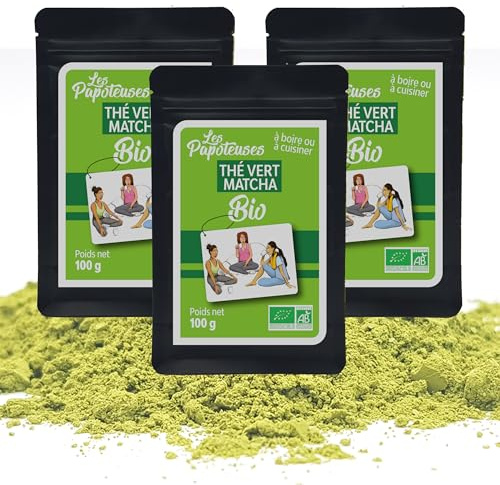 LES PAPOTEUSES | Tè Matcha BIO | Confezione da 3 x 100g | Tè Verde Biologico in Polvere | Te Matcha per Latte e Cucina | Compatibile con Kit Matcha, Chasen e Accessori