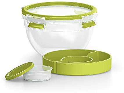 EMSA Clip & Go Salatbox, 2,6 L, rund, mit 2 praktischen Fächern, 100 Prozent dicht, mit Frischedichtung, Transparent, Hellgrün, Made in Germany, N10713