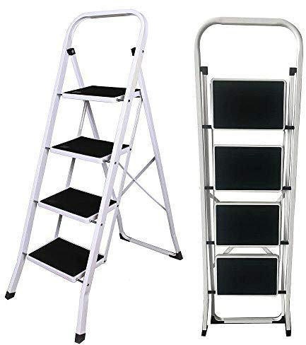 Portable 4 Step Metal Ladder, Folding Step Ladder With Rubber Anti Slip Tread Mats & Feet, Safety Sturdy Ladder, Heavy Duty 300lbs Max Capacity, Perfer for Living room, Kitchen, Garden