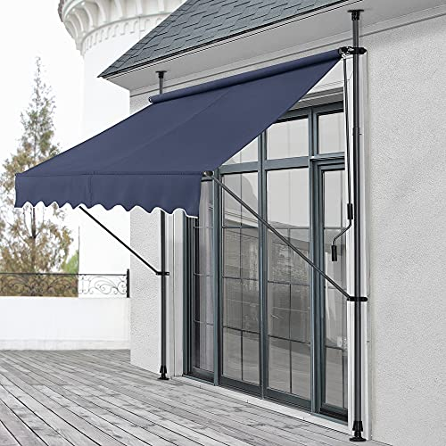pro.tec Tenda da Sole a Muro con Pali di Supporto Telescopici Installazione Senza Fori Tettuccio Parasole a Manovella e Bracci Tela 300 x 120 cm (LxP) Blu Scuro