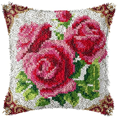 XUJINGJIE Knüpfteppich Zum Selber Knüpfen für Erwachsene Kissenbezug Knüpfkissen mit Blumen Bedrucktes Leinwandmuster Teppich für Sofa Home Decor, 43X43cm