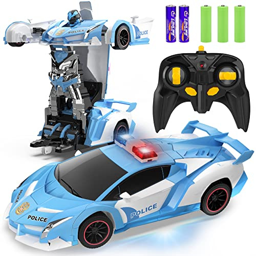 FDJ RC Cars - Transform Remote Control Car, 2.4Ghz 1:18 Scale Transforming Police Car Toy with Flashing Light, One Button Deformation 360 Degree Rotating Drifting Kids Toys Car for Boys Girls