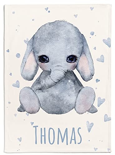 Personalisierte Babydecke mit Wunschtier, Name, Geburtsdatum und Motivfarbe (Elefant mit kleinen Herzen)