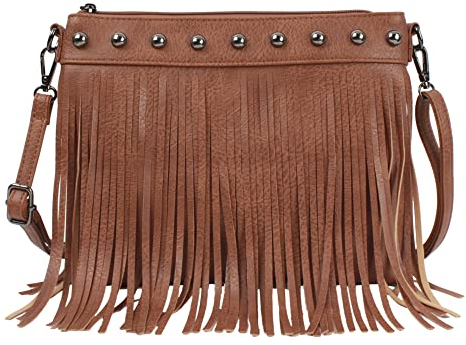 MEGAUK Umhängetasche mit Fransen Nieten Damen Schultertasche Fransentasche aus Kunstwildleder (06926 Braun)