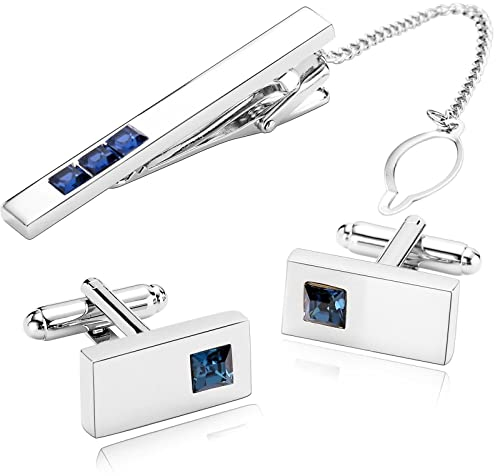 Whoiy Krawattennadel Blau, Krawattennadel Kragen Edelstahl Rechteck Zirkonia für Männer Frauen Smokinghemd Kostenlose Gravur mit Geschenkbox