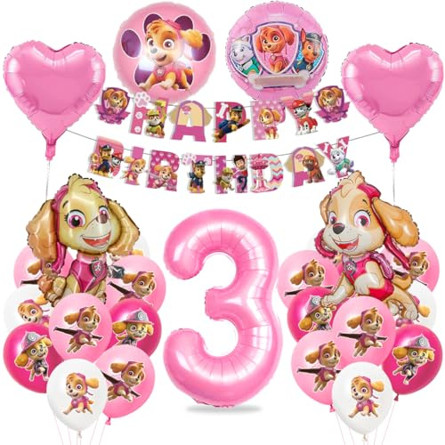 Deko 3. Geburtstag Mädchen, Dog Patrol Geburtstagsdeko, Sky Luftballons 3 Geburtstag, Hund Patrol Ballons, Folienballon Zahl 3, Happy Birthday Banner für 3 Jahre Kindergeburtstag Partydeko