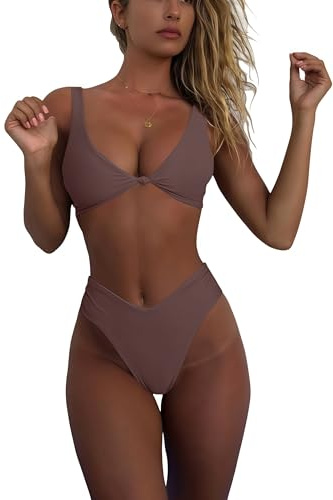 geluboao Bikini Set for Women Solid V Neck Knot Front Push Up High Leg Thong Two Piece Swimsuit, Coffee, Small