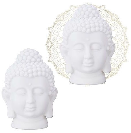 Relaxdays Figura de Cabeza de Buda, Plástico, Escultura Hogar, 17 x 12 x 10 cm, Decoración Zen para Salón y Baño, Blanco