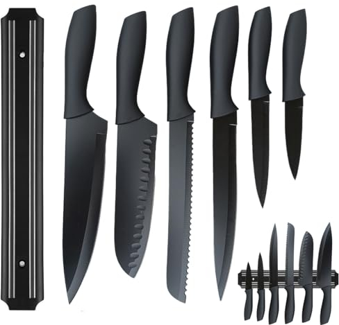 7 Teiliges Messer Set,Küchen Messerset,Kochmesser,Santoku Messer,Gemüsemesser,Schälmesser,Scharfe Messer Edelstahl,Antihaftbeschichtete,Soft-Touch-Griffe Mit Magnetischem Messerhalter (Schwarz)