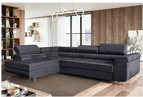 MEBLINI Schlafcouch mit Bettkasten - Ecksofa mit Schlaffunktion - Sofa mit Relaxfunktion und Kopfstützen - Couch L-Form - Eckcouch - Wohnlandschaft - MALIBA - 277x203x63cm Links - Dunkelgrau Samt