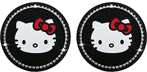 2Pcs Anzug von Auto Getränkehalter Untersetzer, 2,75-Zoll-Auto-Innenraum-Zubehör, Hallo Kitty Bling Getränkehalter Einsatz Langlebige rutschfeste Silikonmatte für alle Fahrzeuge, weißer Diamant