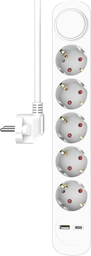 ELRO ES305 5-Fach Steckdosenleiste mit 1.5 m Kabel und Schalter – 5 x Steckdose + USB + USB-C – Kindersicherung – Schuko-Stecker – max. 3680 W – TÜV-geprüft