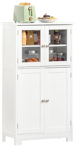 kleankin Columna de Baño Mueble Auxiliar de Baño con 2 Puertas de Vidrio Templado y Estante Ajustable en 3 Niveles Carga 25 kg para Cocina Comedor Sala 60x30x108,5 cm Blanco