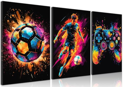 BGFCE Canvas Wall Art Decor, Paintings Art Game Controller Color Splash Ink Canvas Painting, Posters for Room Aesthetic, Soccer Canvas Wall Art for Boys Room Decor 16×24 - Unframed Set of 3