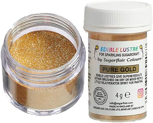 Sugarflair Edible Lustre Lebensmittelfarbe Glanzfarbe Glitter Gold - Lebensmittel Glanzpulver für Kuchen, Cupcakes, Schokolade, Backwaren, Desserts, Eiscreme, Getränke, Cocktails und mehr - 4g | Essbares Glanzpulver für Torten, Cupcakes, Fondant, Marzipan, Schokolade und Royal Icing, Feines Pulver mit intensivem Glanz