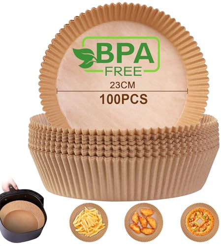 AiQInu Baking Paper for Hot Air Fryer, Airfryer Baking Paper, Round, 23 cm, Pack of 100, BPA-Free, Waterproof, Oil-Proof, Parchment Paper, Liner, Airfryer Accessories for Hot Air Fryer, Oven,