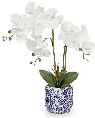 Oairse Orchid Artificial Flowers in Pot 19.6 White Orchid with Blue and White Ceramic Pot Fake Orchid Plant Silk Faux Phalaenopsis for Home Office Kitchen Bathroom Table Centerpiece Decoration
