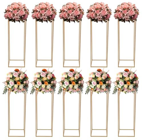 DJOAIUYF 10 Stück Gold Hochzeitstischdekorationen Hohe Metallblumenvase Säule Rechteckiger Blumenständer Für Partytischdekorationen Hochzeiten Geometrischer Tischaufsatzständer 80cm