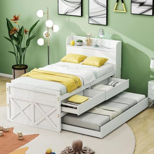 Kinderbett Einzelbett 90x190 cm, Stauraumbett Funktionsbett mit ausziehbares Bett und 2 Schubladen, Stauraum-Kopfteil Bett mit Aufladen USB und Ablagen, Jugendbett mit Lattenrost, Ohne Matratze, Weiß