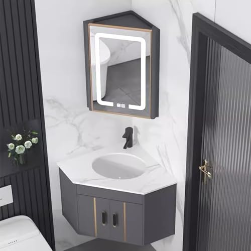 DYUNCZ Badmöbel Set mit Waschbecken, Eckwaschtisch mit Waschbecken und Spiegelschrank, LED-Spiegel mit Antibeschlag, Waschbeckenunterschrank Hängend, for Kleine Räume(Grau)