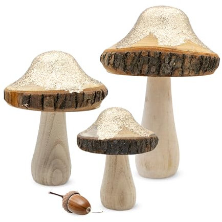 Spetebo Holz Dekopilz mit Gold Glitzer 3er Set - 18/15 / 11 cm - Holzpilz Figur mit Baumrinde zur Herbst Dekoration - Holz Deko Pilz Goldwald Waldpilz Herbstdeko Aufsteller Tischdeko