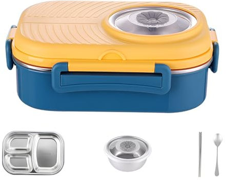 1100ml/38.7Oz Stainless Steel Bento Lunch Box with Compartments for Kids, Toddlers and Adults - Hot Food Storage Container with Cutlery, Thermos (Blue&Yellow)
