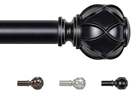 KAMANINA Black Curtain Pole 80 to 218 cm, 22 mm Diameter Curtain Poles for Eyelet Curtains, Extendable Curtain Rod with Netted Texture Finials