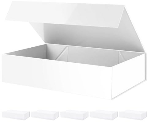 PACKHOME 6 extra große Geschenkboxen, 44 x 29 x 10 cm, stabile Hemdboxen mit magnetischen Deckeln für Kleidung und große Geschenke (glänzendes Weiß)