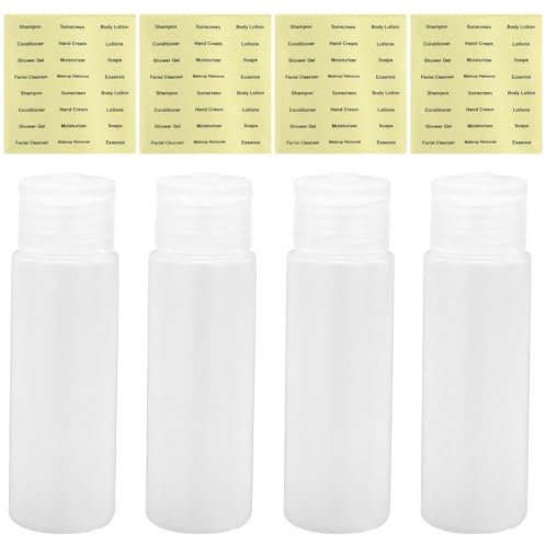 Lot de 4 bouteilles de voyage vides de 50 ml rechargeables avec bouchon à rabat en plastique transparent pour maquillage, gel douche, articles de toilette avec 4 étiquettes