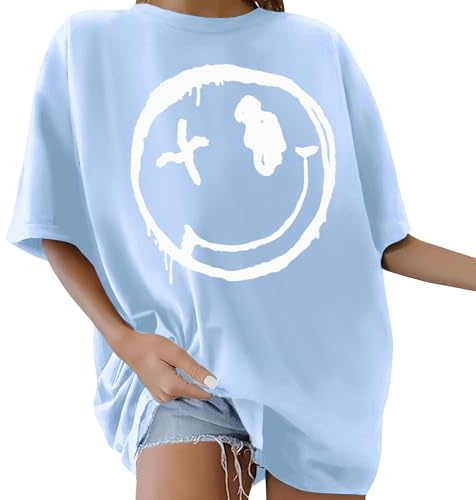 Yuson Girl T Shirt Donna Girocollo Maglietta Manica Corta Oversize T-Shirt Estive Magliette con Spalle Larghe Casual Stampa Maglia Basic Allentata Tee Shirt Top in 100% Cotone(Azzurro, L)