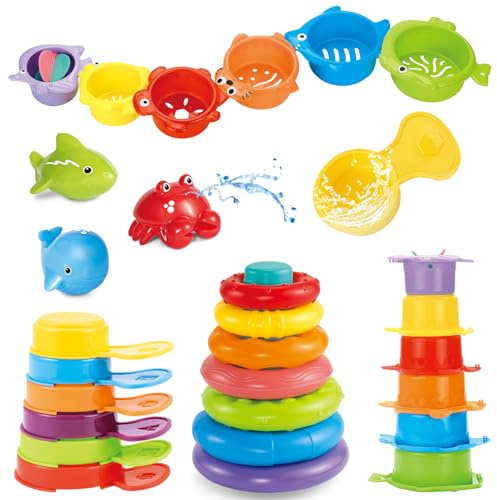 Baby Badewannenspielzeug, 23 Stück Badespielzeug für 6-12 Monate Kinder, Wasserspielzeug Stapelbecher Schaufel und Ozean Tier Spielzeug, Sandspielzeug Geschenk ab 1 2 3 Jahr Jungen und Mädchen