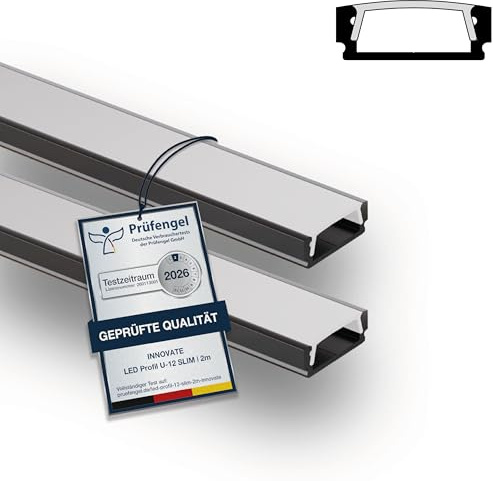 INNOVATE U-12 SLIM LED Profil 2m Schwarz 2er-Set 17x6mm Diffusor Milchig | Aluprofil für LED Streifen 2m 12mm I Kühlkörper Indirekte Beleuchtung Wohnzimmer I Alu U Profil Indirekte Beleuchtung Decke