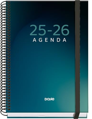 Dohe - Skolkalender 2025 2026 - Dag per sida, Storlek A5 (15x21 cm), Spanska och Engelska, September till Juni, Spiralbindning och Resårband, Hårt omslag, 4 Klistersidesark - PRIME Boreal