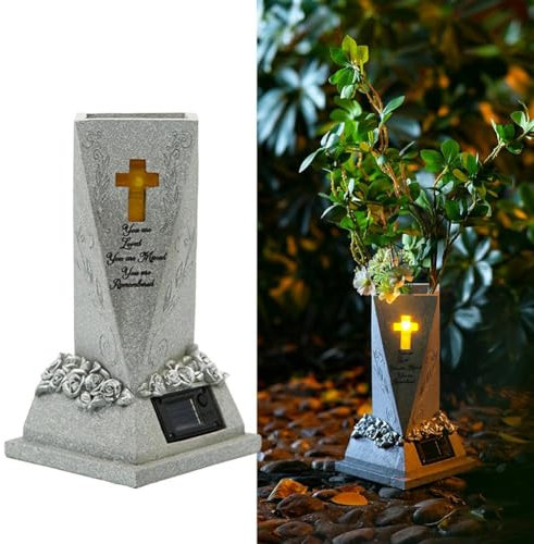 LQQDREX Friedhofsblumenvase, Friedhofsvase mit Solarlicht, Gedenkgrabvase für Blumen, Solar Harz Gedenkgrabvase Grabvase für Blumen für Innenhof, Friedhof, Garten, Rasen