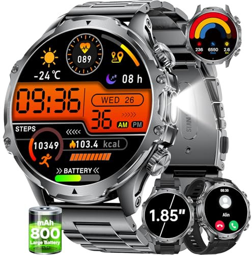 Smartwatch Herren Militär-1.85 HD Großes Display für Android iOS/800 mAh Akku, Taschenlampe Herren mit Telefonfunktion/100+ Sportmodi, Schrittzähler Kalorien Fitness-Tracker Uhr mit 5ATM Wasserdicht