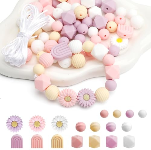 APOMOONS 76 Stück Gänseblümchen Silikonperlen, Armband Perlen Set Armbänder mit Nylonseil, Blumenförmige Bunte Perlen Basteln, Perlenset für DIY Schlüsselanhänger Handwerk Schmuckherstellung