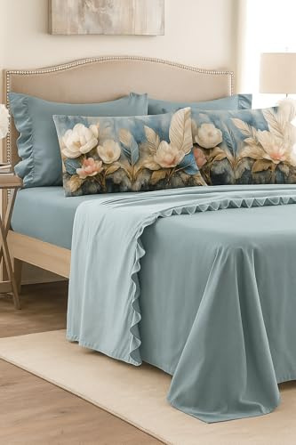 Masterhouse Completo Letto Matrimoniale Cotone 250x290 Made in Italy con Lenzuolo Sotto 180x200, Volant e 4 Federe (2 Cotone + 2 Microfibra Stampa Digitale fiori e piume) – Elegante e Anallergico
