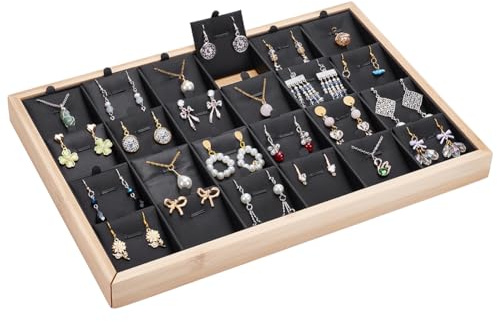 PH PandaHall 24 Grids Stackable Jewellery Trays Jewellery Display Tray Necklace Display Holder Earring Storage Organizer with Removable Dividers for Rings Bracelet Pendant Vendor Showcase, Black