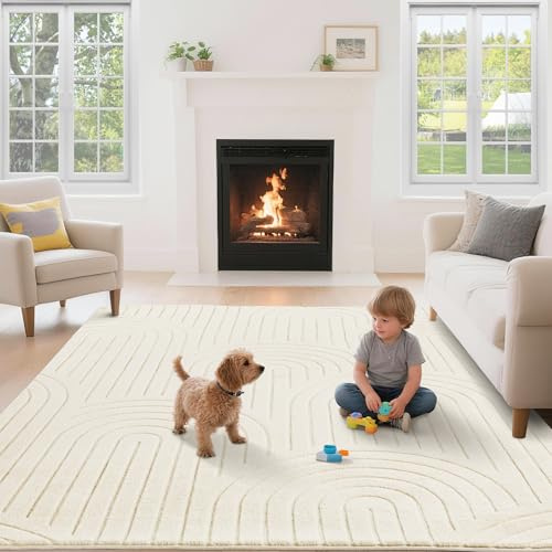 Puremy Wohnzimmerteppich Kurzflor mit 3D Hoch-Tief-Effekt, 160x220cm, Beige | Teppich für Schlafzimmer Kinderzimmer mit Hoch-Tief-Effekt, hohe Flordichte und angenehm weich, Moderner Bogenförmiges Design