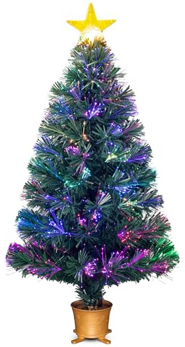 YUETJIN 3ft Pre-lit Mini Fiber Optic Tabletop Artificial Christmas Tree，Small Xmas Tree with Stars Decorations-Gold