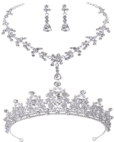 Warmhm Parure Femme Mariage Couronne Diadème Argentée Ensemble Bijoux Mariée Collier Boucles Doreilles Élégant Accessoire Costume Mariage