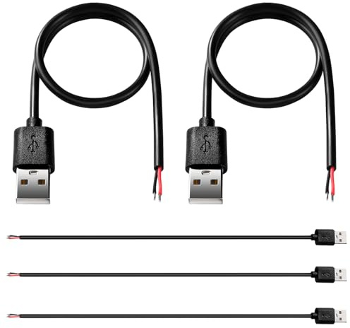 MejaRizon 5 Stück USB-A Stecker, Pigtail offenes Ende Stromkabel 5V 3A 30 cm 2-poliger Draht DIY Pigtail-Kabel, für USB Geräte Installed oder DIY Replace Repair Cable