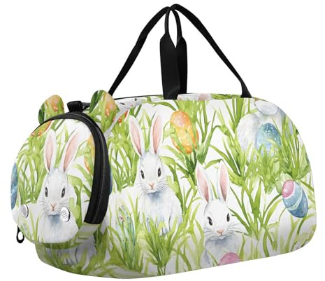 Quteprint Sac de sport pour enfants pour garçons et filles – Œufs de lapin de Pâques aquarelle 100 % polyester avec compartiment séparé pour chaussures, bandoulière réglable, sac compact de voyage et
