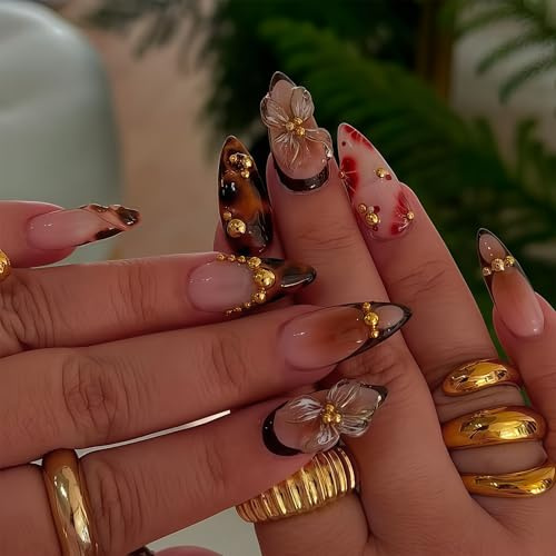GlamRays 24 pièces 3D Fleurs Faux Ongles Brun Doré Léopard Ombré Press on Ongles Semi-Faits Main Automne Hiver Fêtes Gel Acrylique Ongles Artificiels pour Femmes